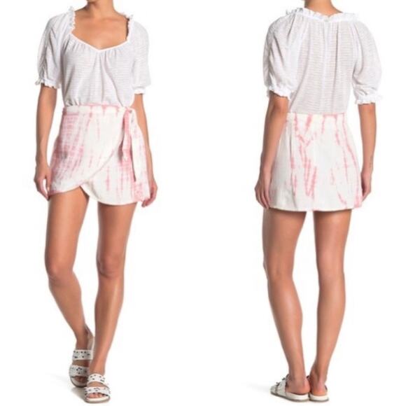 NEW Free People Ann Reed Tie-Dye Wrap Mini Skirt Pink/White Linen size 8 - Picture 2 of 14